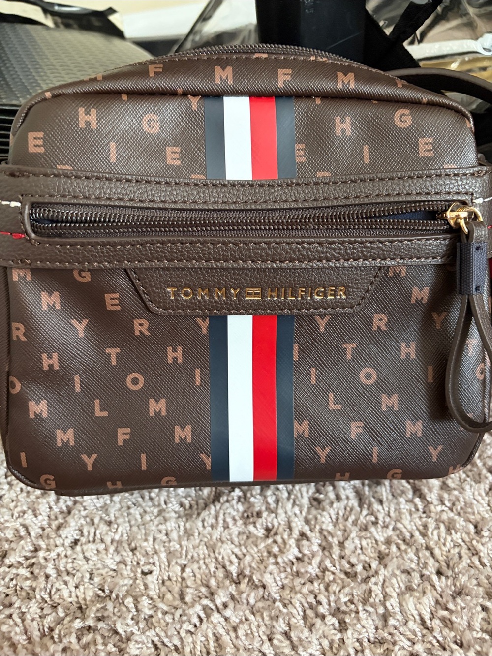 Tommy Hilfiger Brown Logo Belt Bag with Signature Red White Navy Stripe